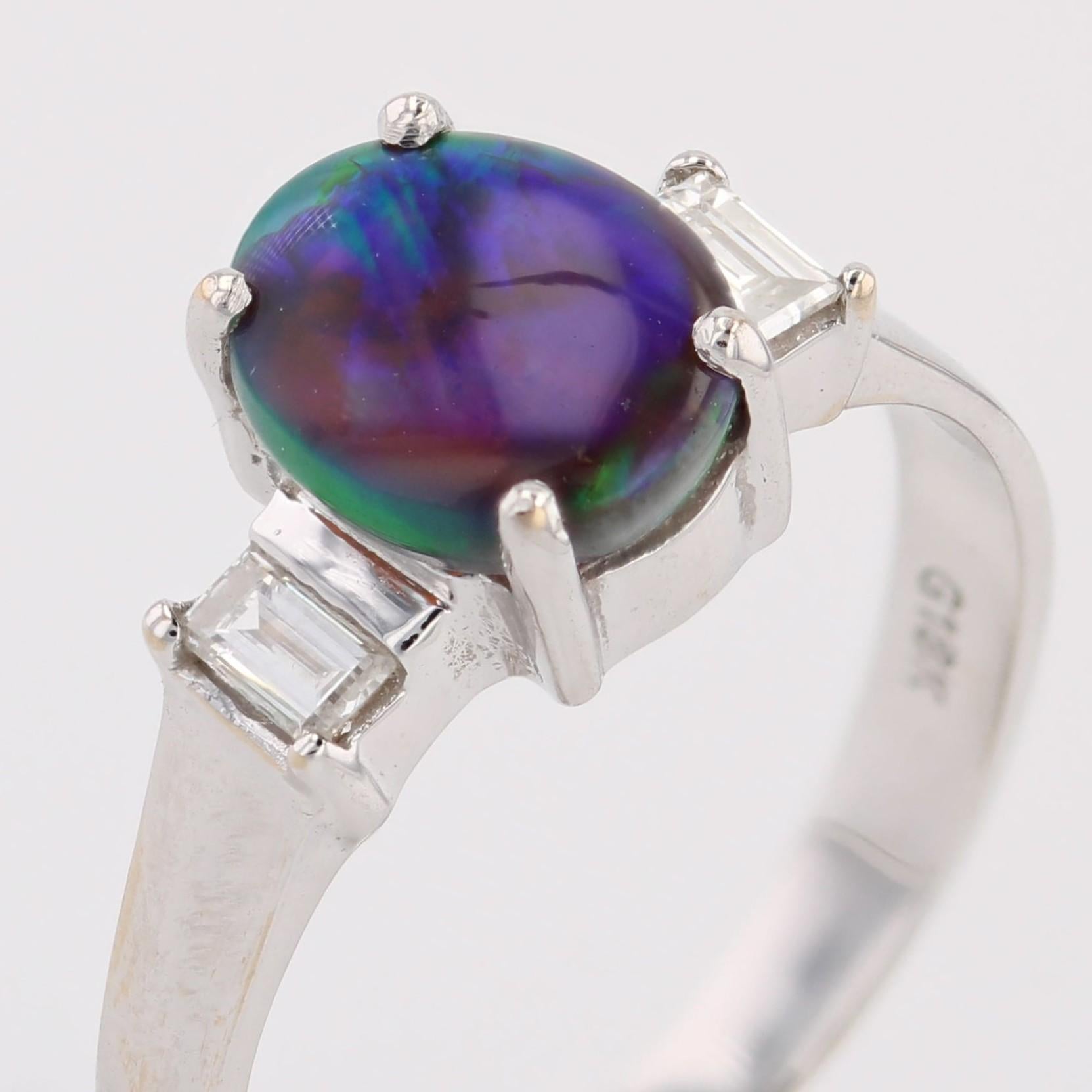 New Black Opal Emerald Cut Diamonds 18 karat White Gold Ring For Sale 3