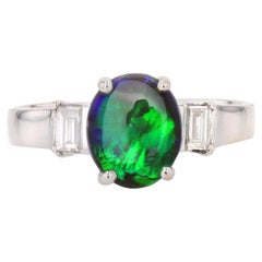 New Black Opal Emerald Cut Diamonds 18 karat White Gold Ring