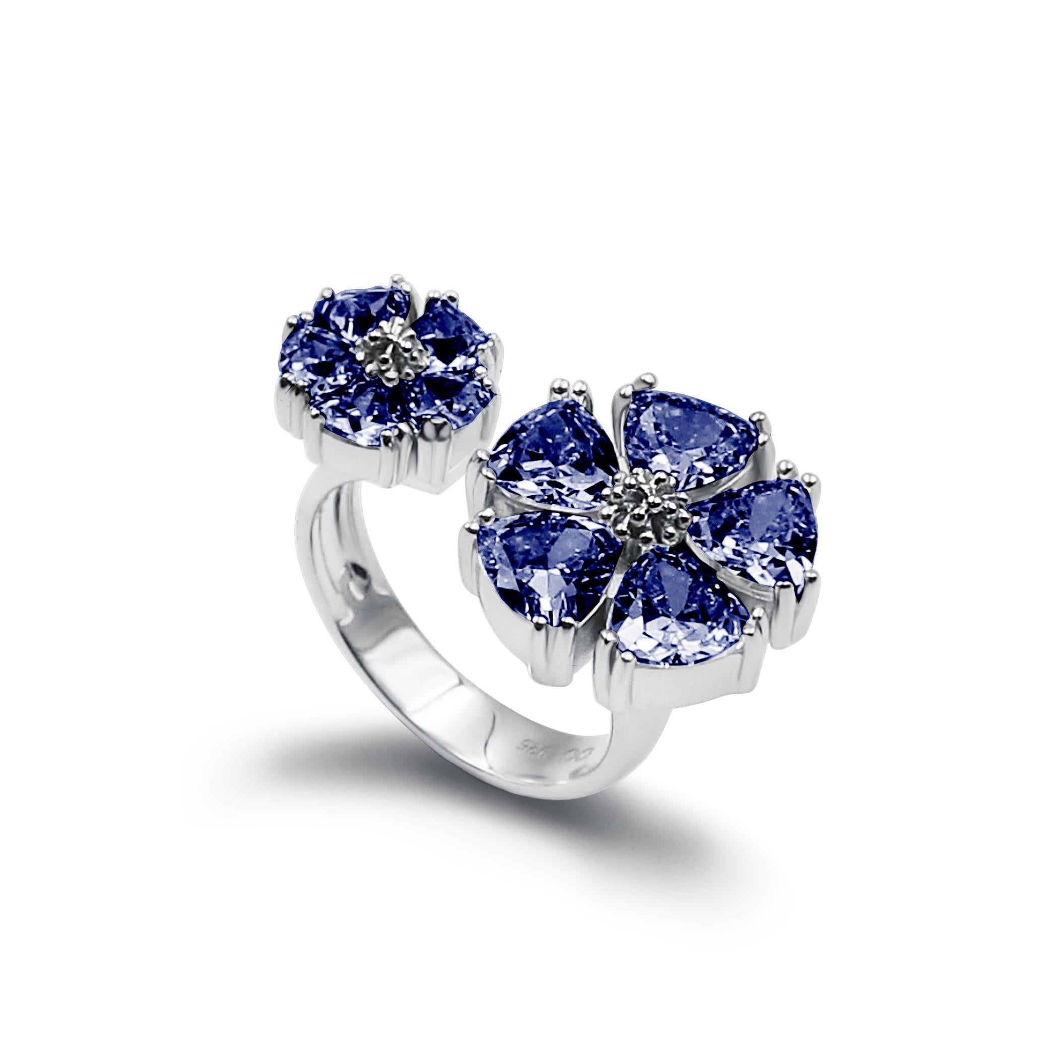 Trillion Cut Black Sapphire Mixed Blossom Stone Open Ring For Sale