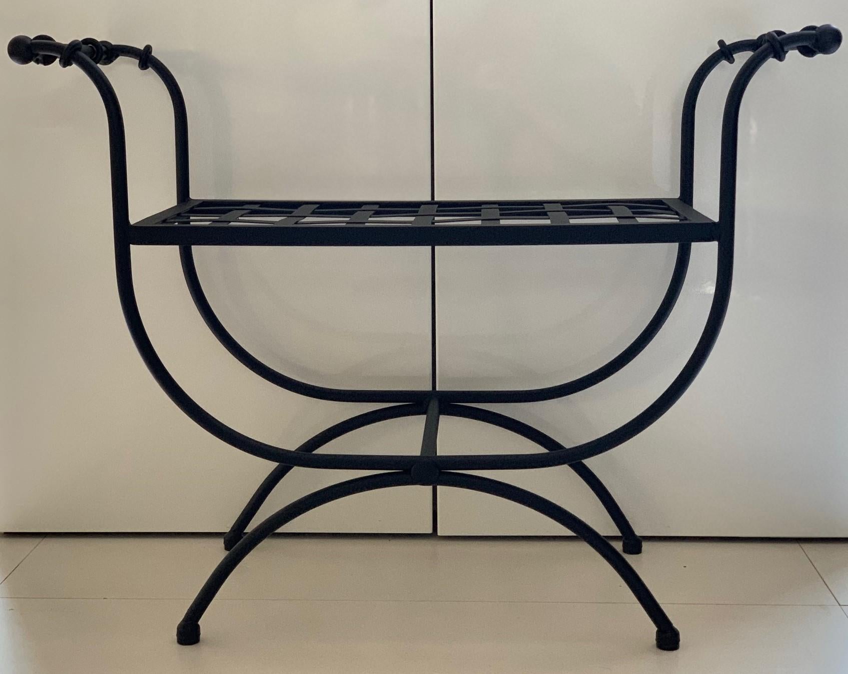 Neoclassical New Black Wrought Iron Curule Bench with Cushion, Savonarola, Throne For Sale