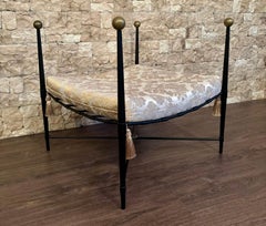New Black Wrought Iron Curule Bench with Damask Gold & White Fabric