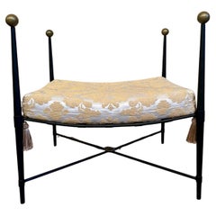 New Black Wrought Iron Curule Bench with Damask Gold & White Fabric
