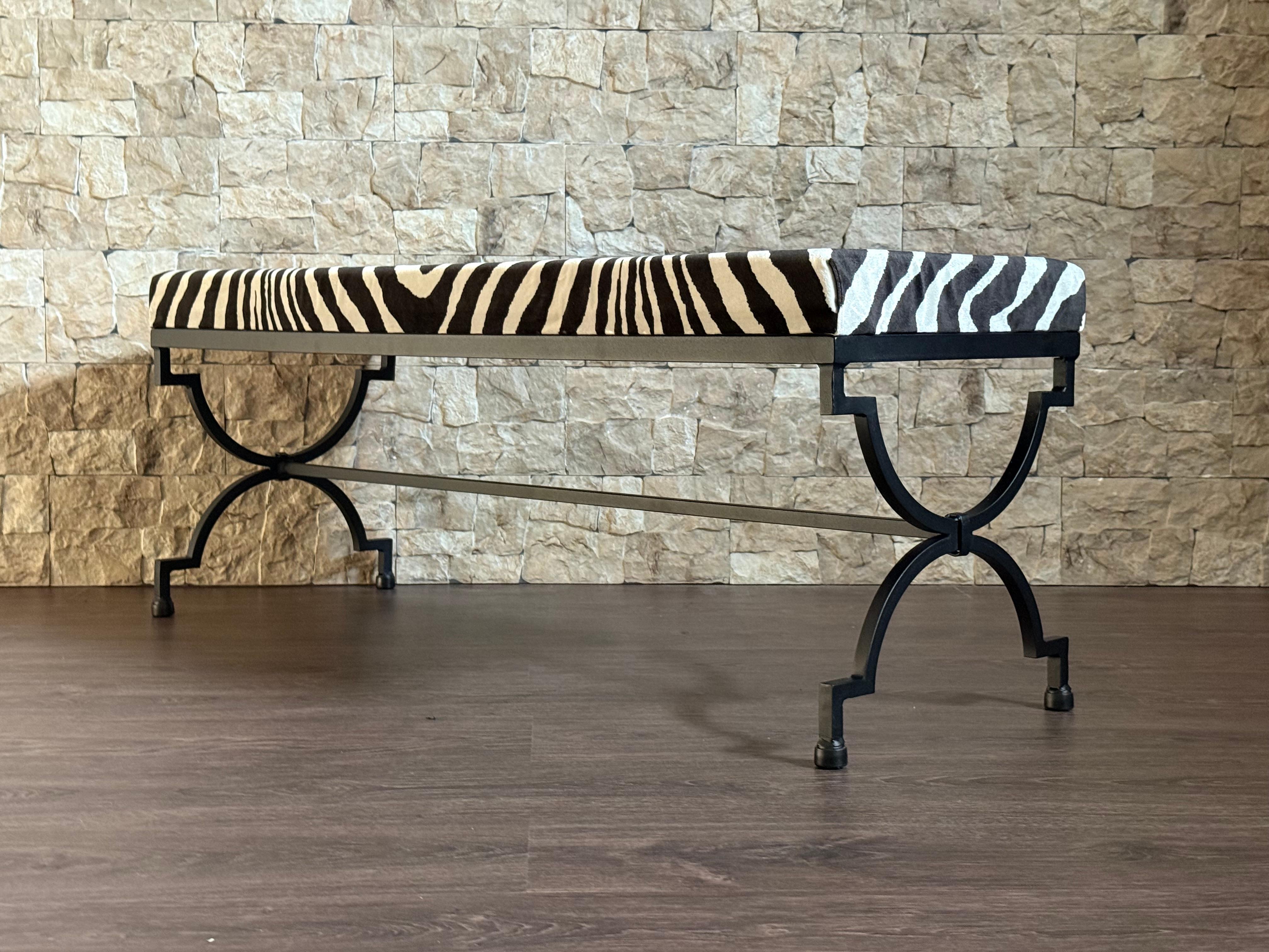 New Black Wrought Iron Curule Bench with Ralph Lauren Barlett Zebra Fabric en vente 2