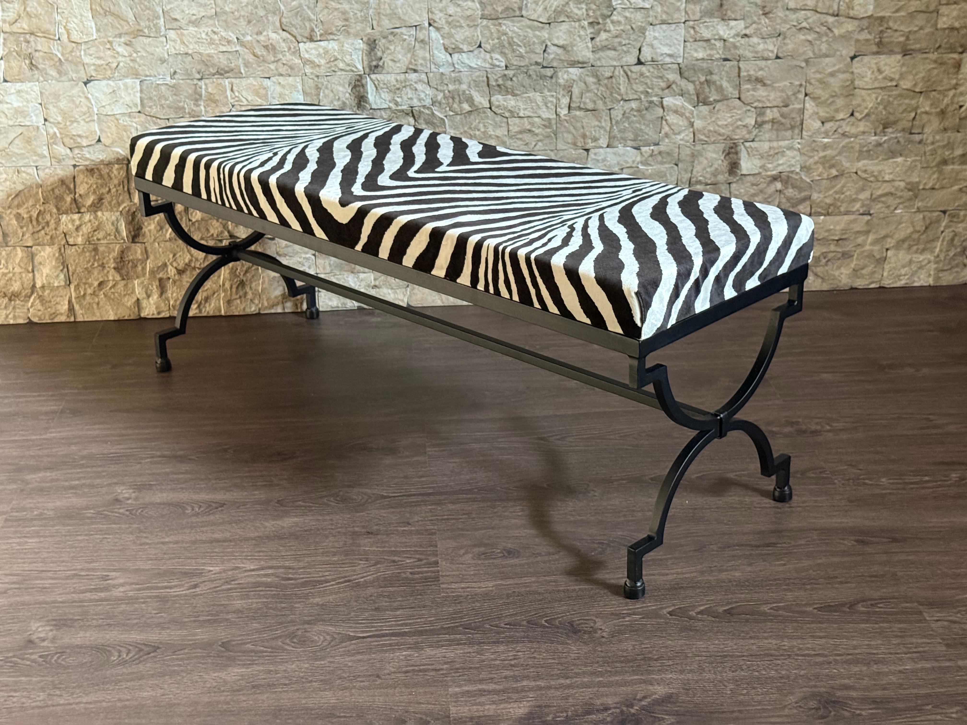New Black Wrought Iron Curule Bench with Ralph Lauren Barlett Zebra Fabric en vente 3