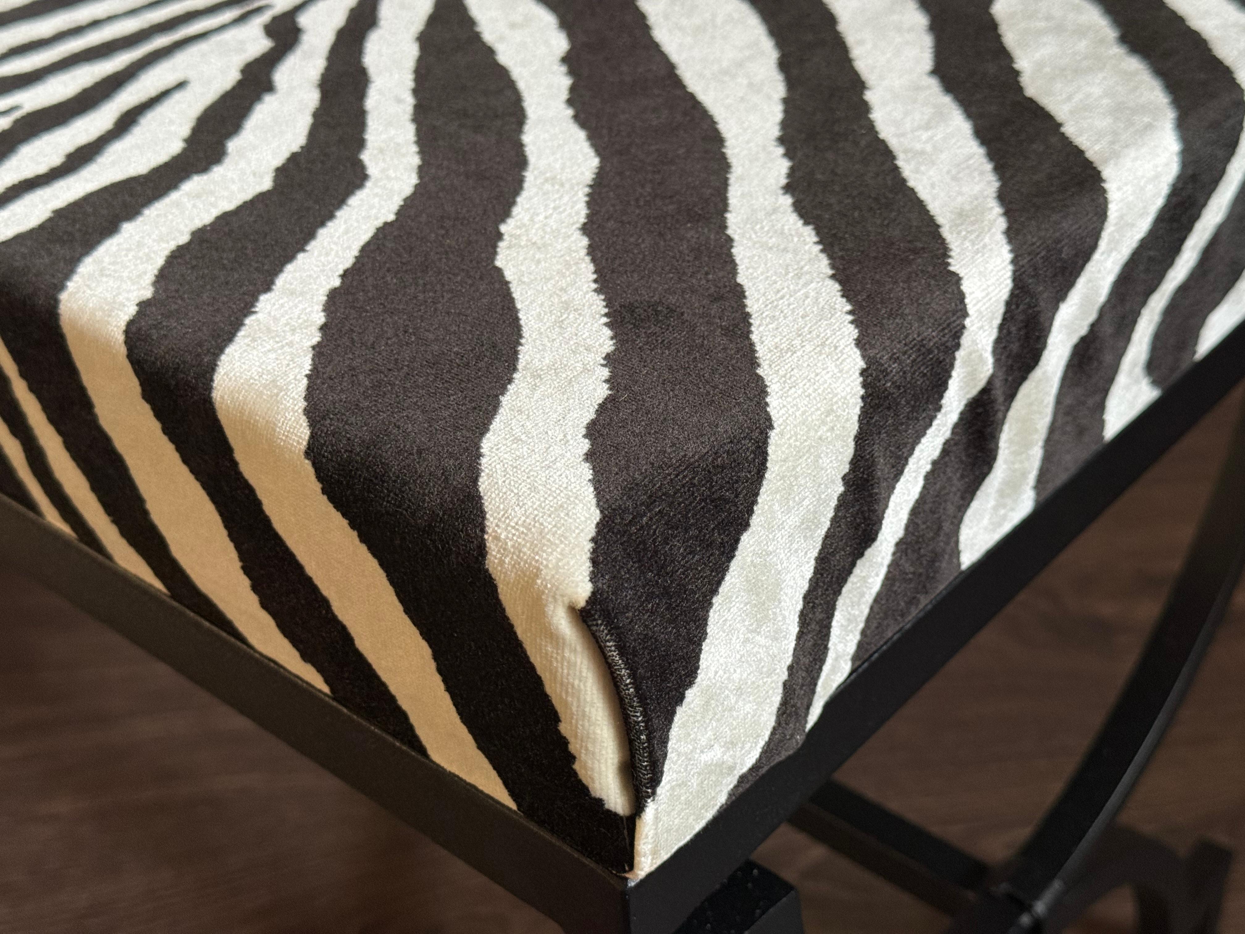 New Black Wrought Iron Curule Bench with Ralph Lauren Barlett Zebra Fabric en vente 4