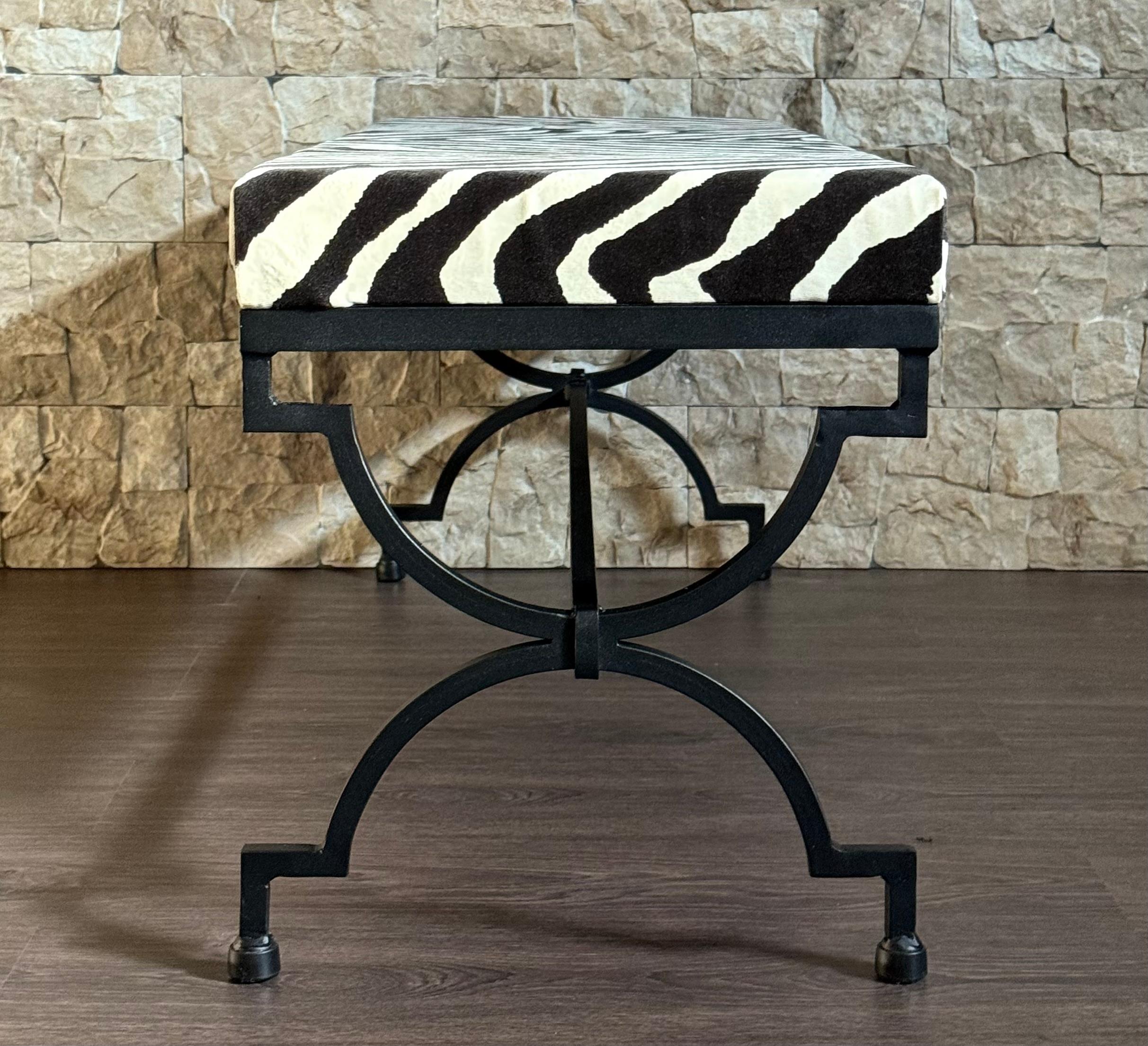 Fer New Black Wrought Iron Curule Bench with Ralph Lauren Barlett Zebra Fabric en vente