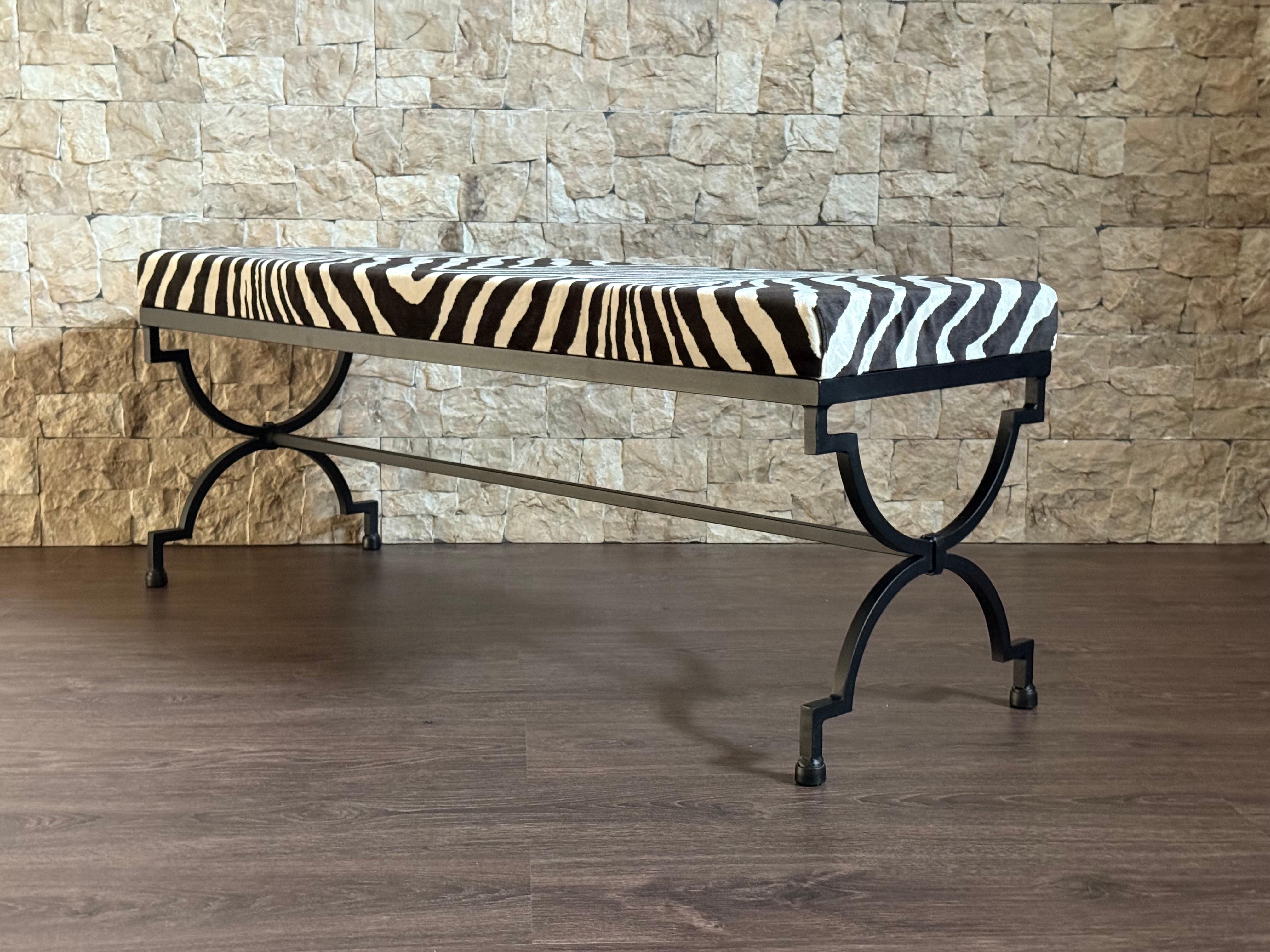 New Black Wrought Iron Curule Bench with Ralph Lauren Barlett Zebra Fabric en vente 1