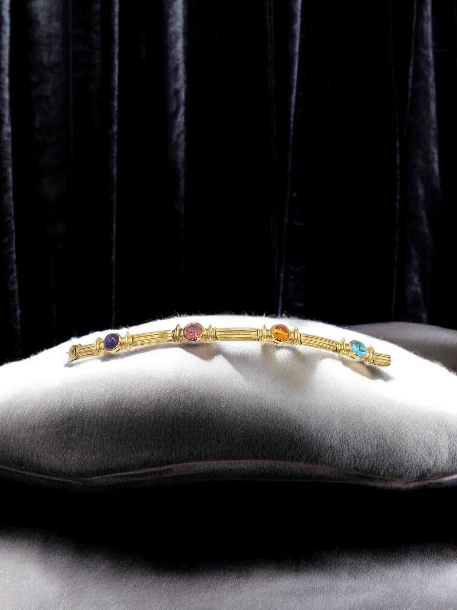 NOUVEAU Bracelet en or jaune 14 carats avec tourmaline bleue et rose, améthyste et citrine en vente 1