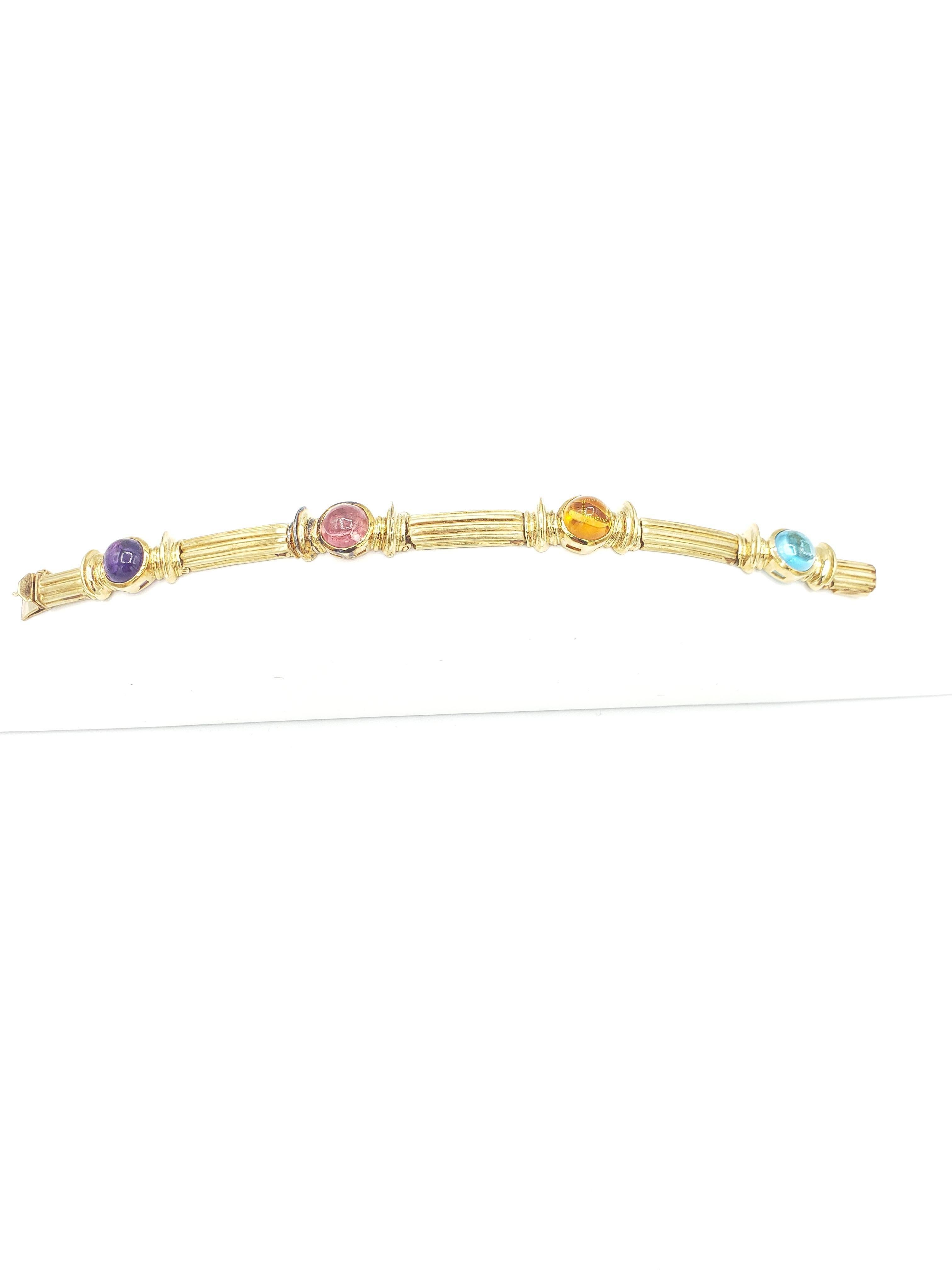 Byzantin NOUVEAU Bracelet en or jaune 14 carats avec tourmaline bleue et rose, améthyste et citrine en vente
