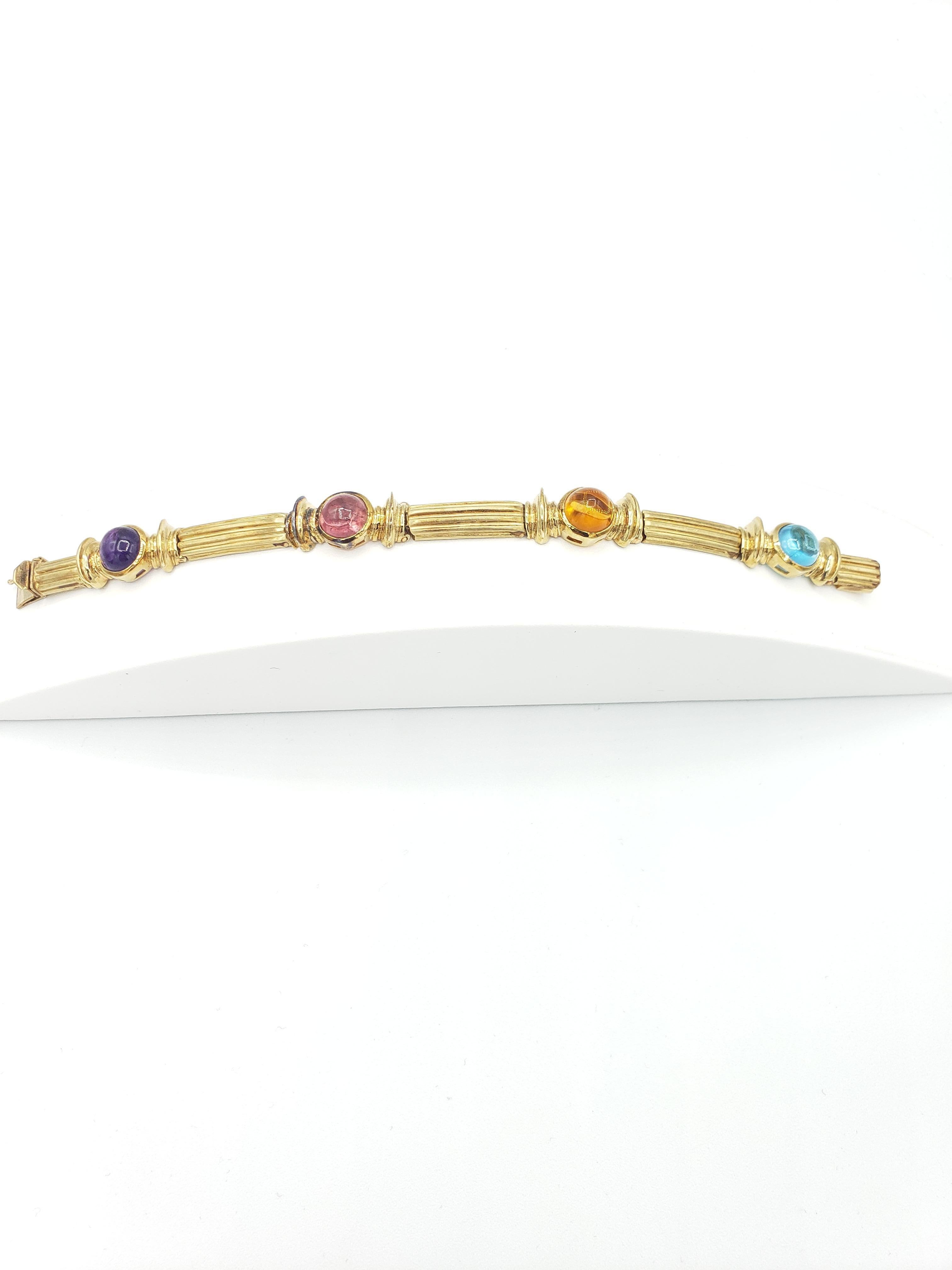 Taille ovale NOUVEAU Bracelet en or jaune 14 carats avec tourmaline bleue et rose, améthyste et citrine en vente