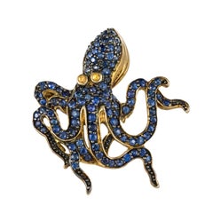 New Blue and Yellow Sapphire Octopus Brooch Pendant