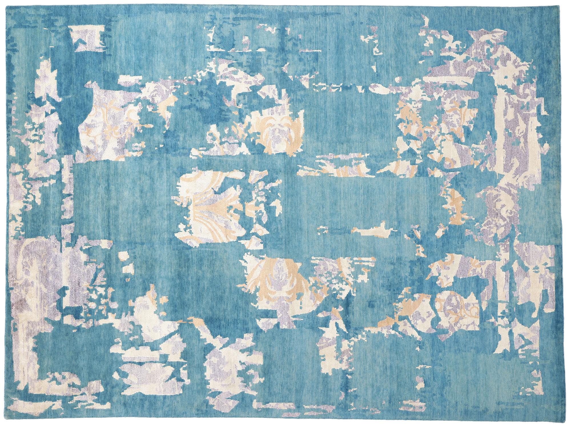 New Blue Contemporary Abstract Wool & Silk Rug in vendita 2