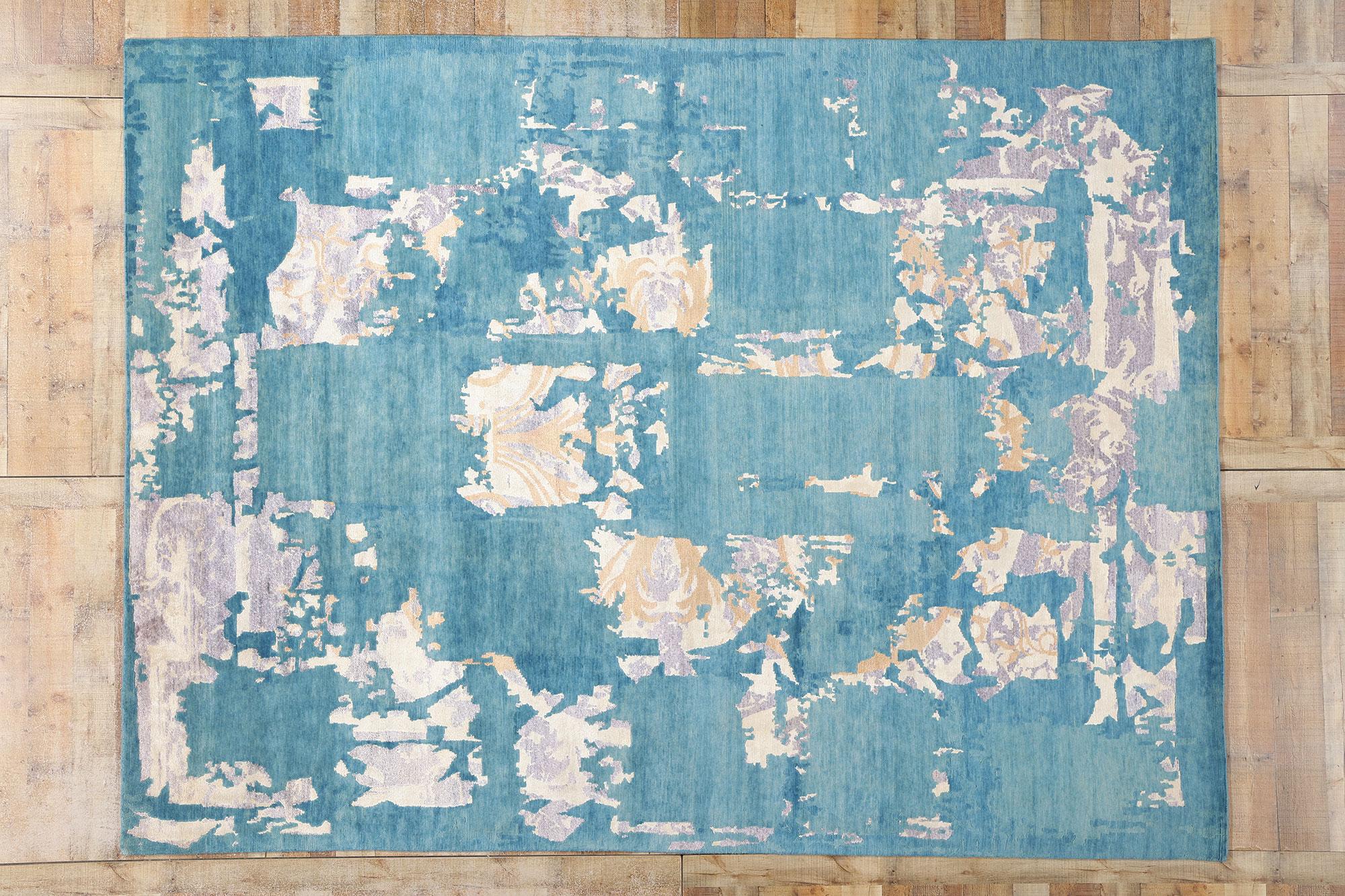 New Blue Contemporary Abstract Wool & Silk Rug in vendita 1
