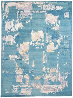 New Blue Contemporary Abstract Wool & Silk Rug (tapis de laine et de soie)