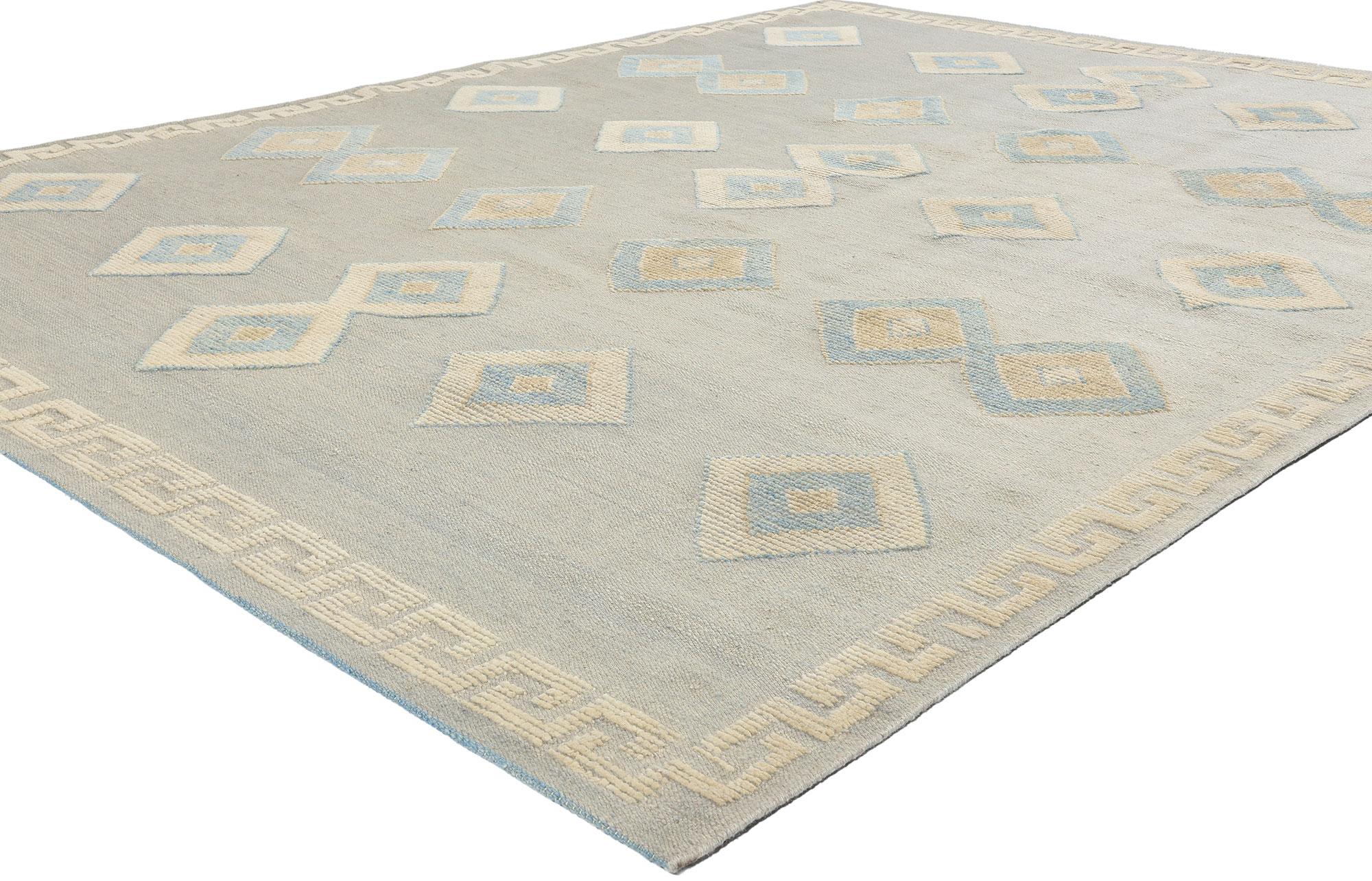 31256 Modern Tribal Moroccan High-Low Rug, 08'02 x 10'05. Step into a world of timeless elegance and cultural fusion with this stunning Modern Tribal Moroccan High-Low Rug. Hand-knotted in wool, this exquisite piece features a light blue background
