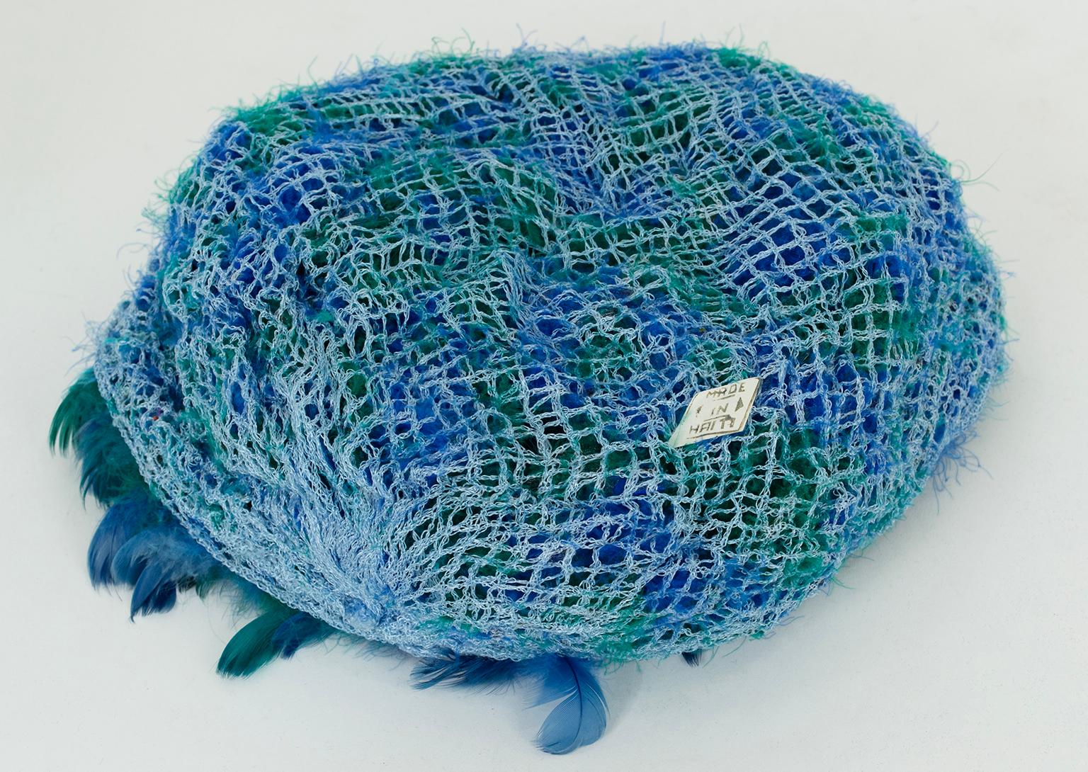 New Blue-Green Ombré Feather Afro Bubble Turban Hat, Haiti – One Size, 1960s For Sale 1