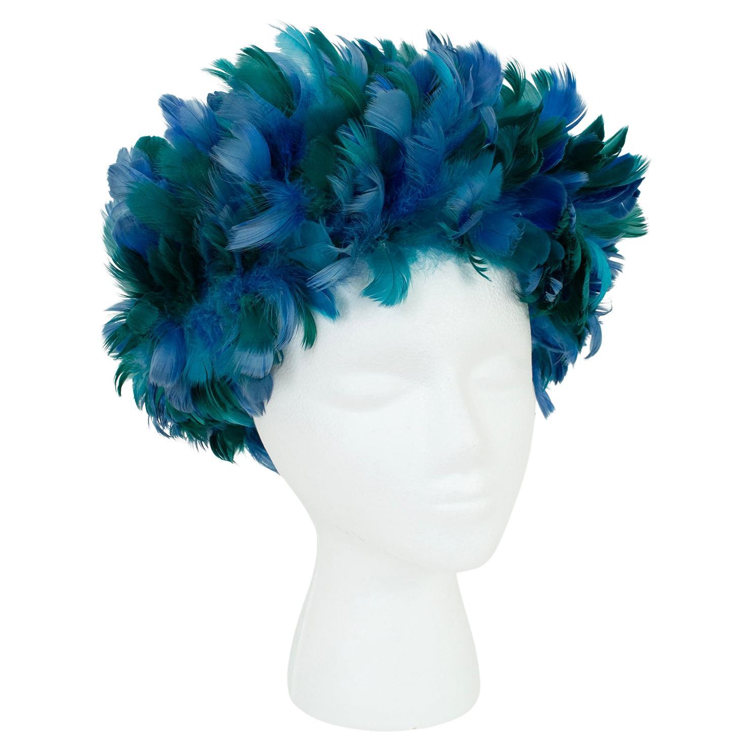 New Blue-Green Ombré Feather Afro Bubble Turban Hat, Haiti – One Size, 1960s