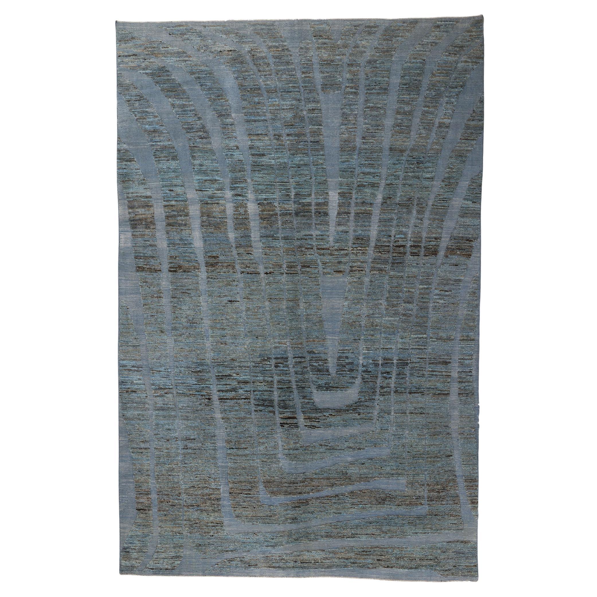New Blue Moroccan High and Low Biophilic Rug For Sale