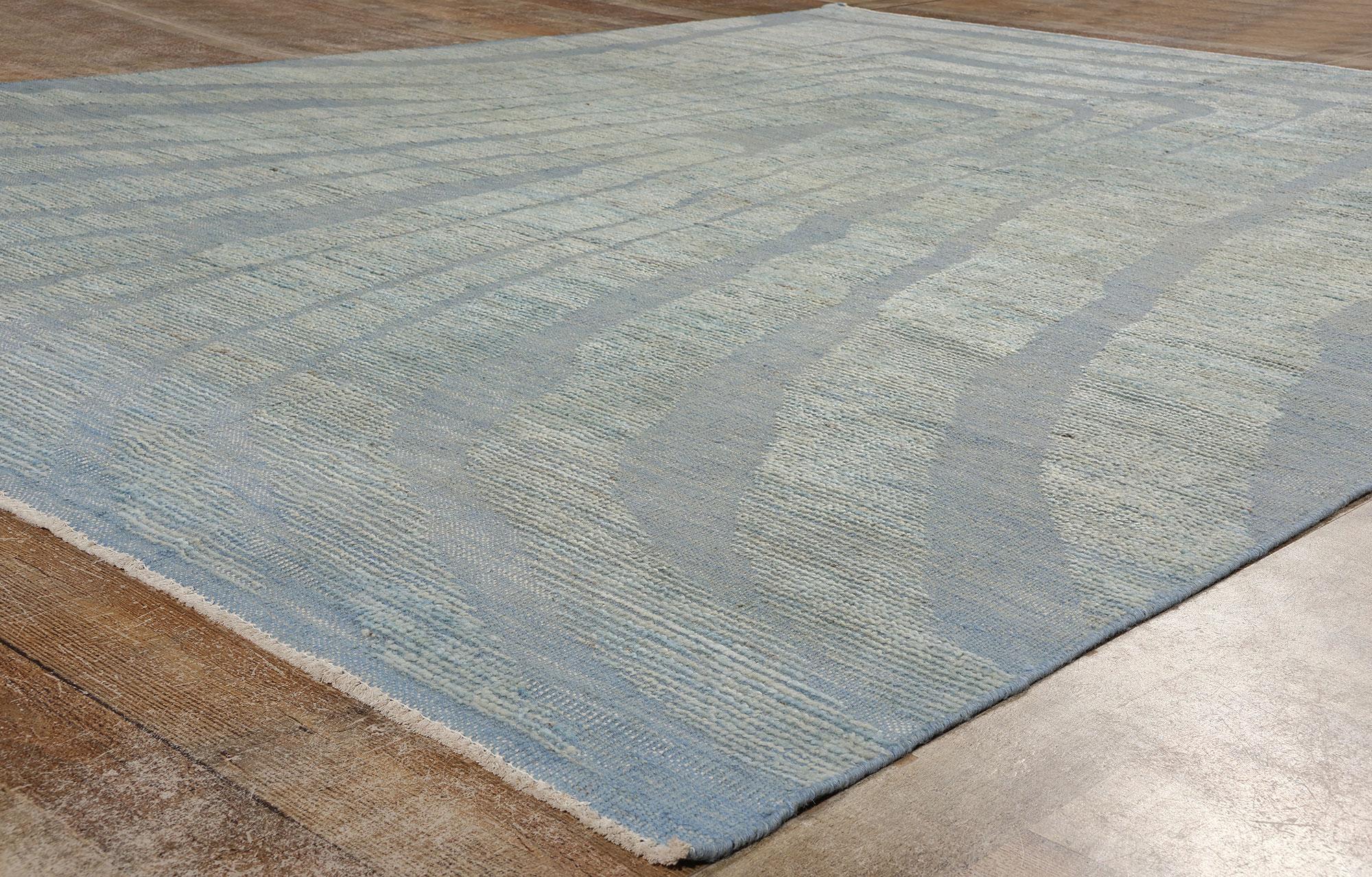 Indian New Blue Moroccan High and Low Wool Pile Biophilic Rug For Sale