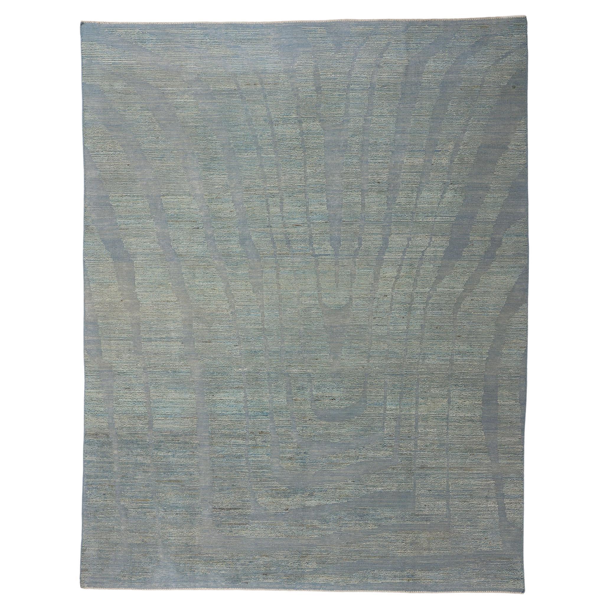 New Blue Moroccan High and Low Wool Pile Biophilic Rug