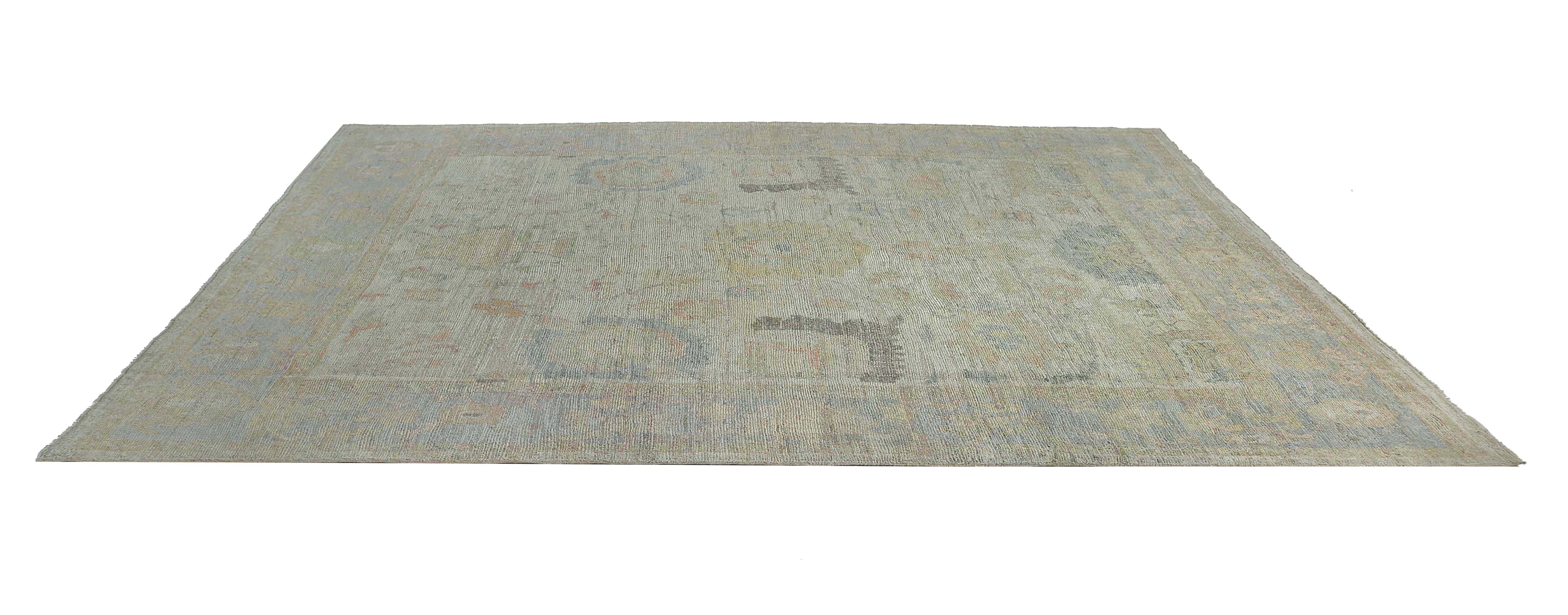 Tribal Afghanistan Oushak Area Rugs Circa 1990 - Wool Ivory Light Blue Design - 95469 For Sale