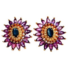 New Blue Sapphire, Amethyst & White Cz 925 Sterling & Rose Gold Plated Earrings