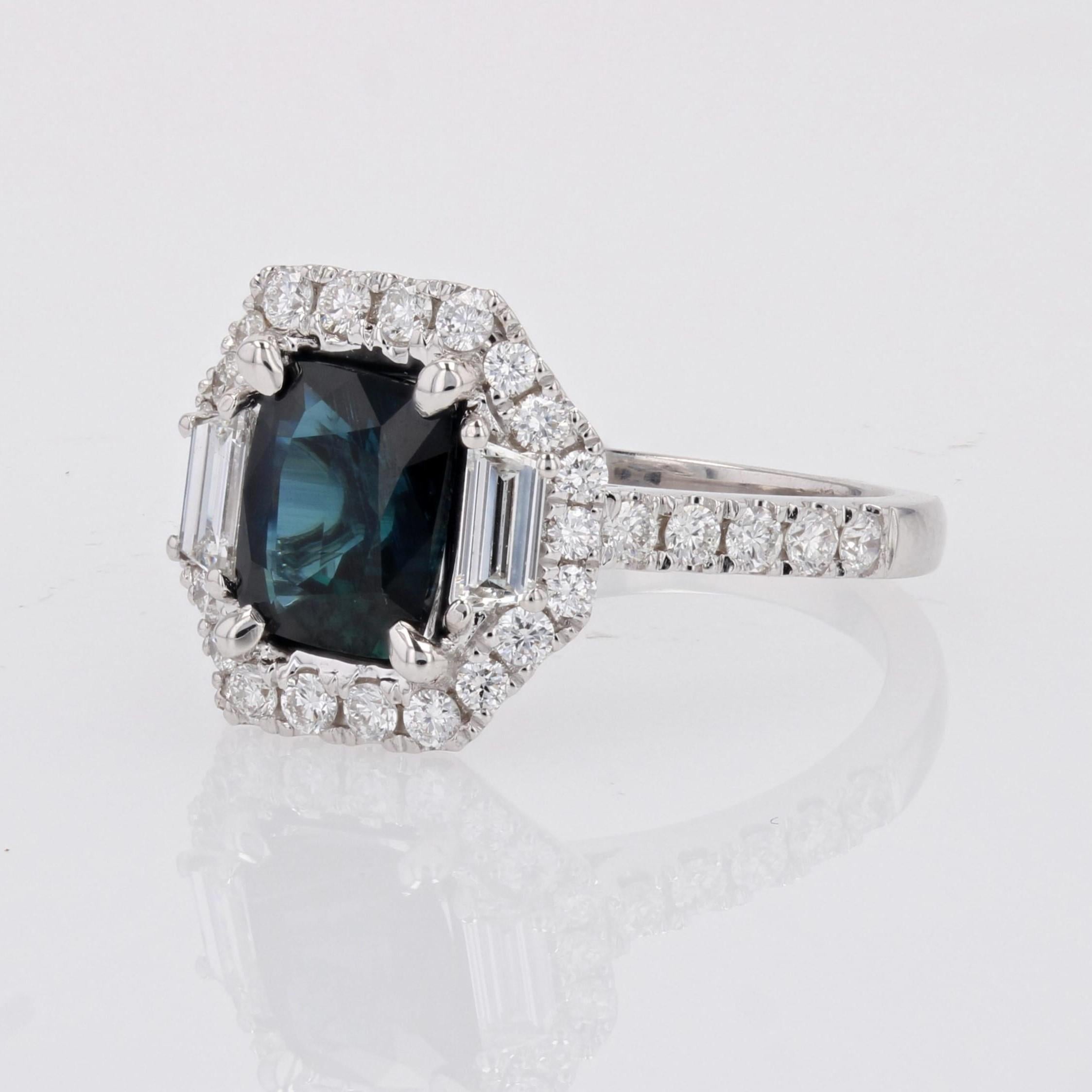 Women's New Blue Sapphire Trapeze Diamonds 18 Karat White Gold Cluster Ring For Sale