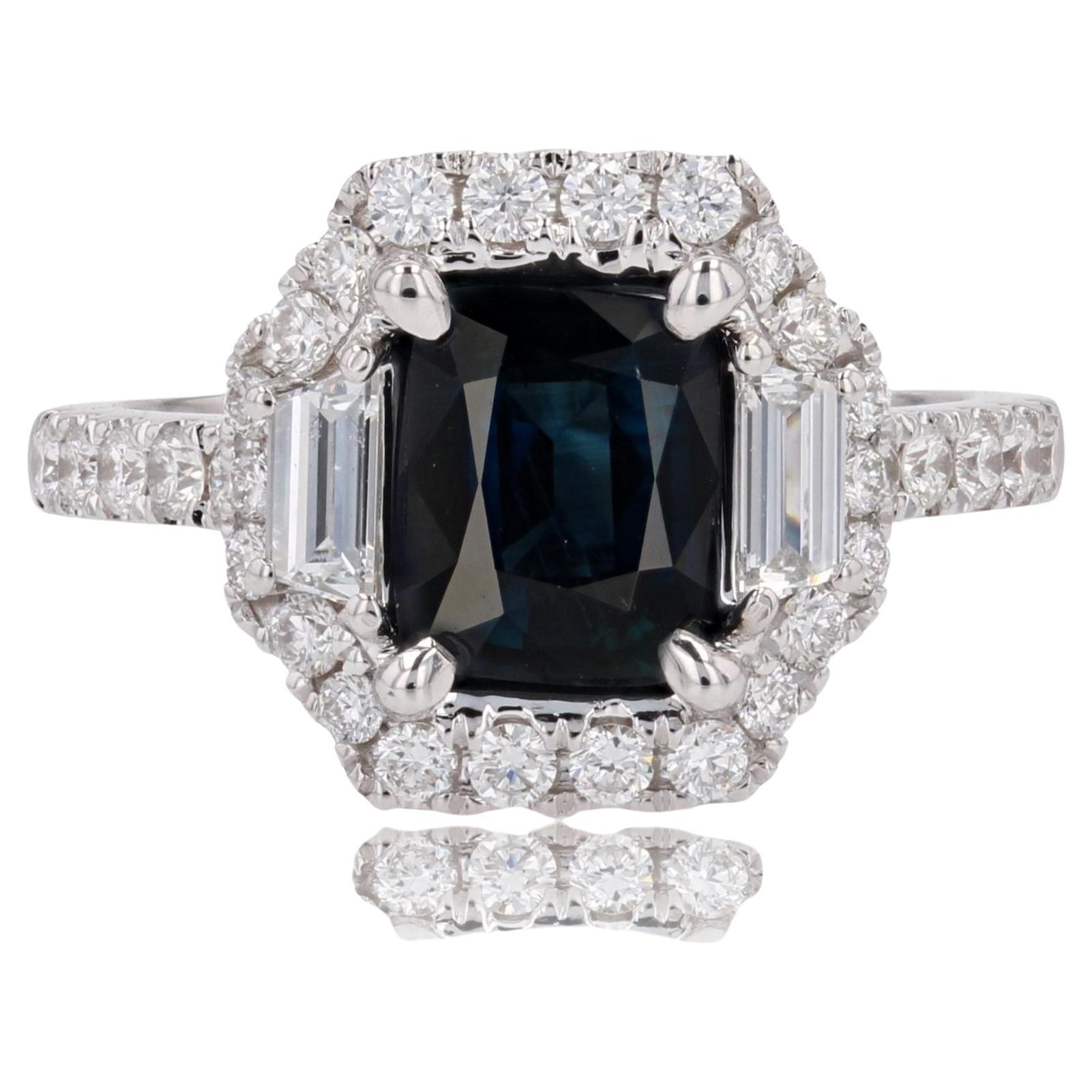 New Blue Sapphire Trapeze Diamonds 18 Karat White Gold Cluster Ring For Sale