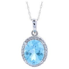 Halskette mit blauem Topas und Diamant-Anhänger, 10k Weißgold Fein 3,65ctw
