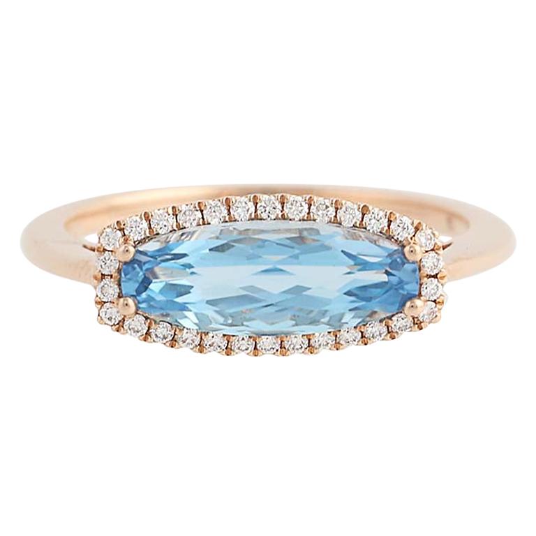 Blue Topaz and Diamond Ring, 14 Karat Rose Gold Halo 1.91 Carat