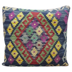 New Blue Traditional Kilim Cushion Cover Handwoven Wool Scatter Pillow