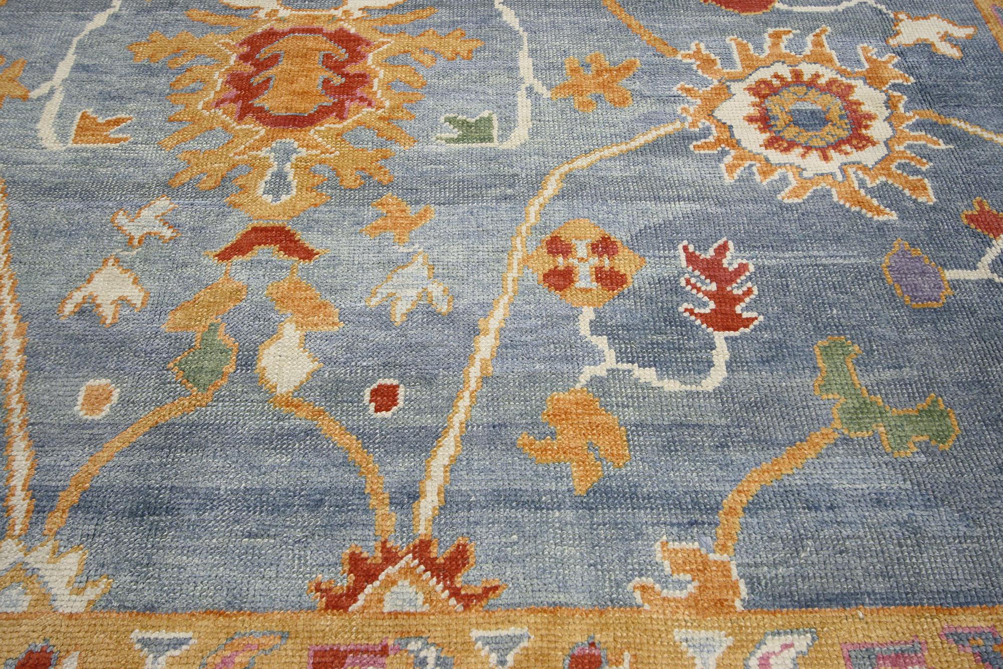 Wool Contemporary Blue Turkish Oushak Rug For Sale