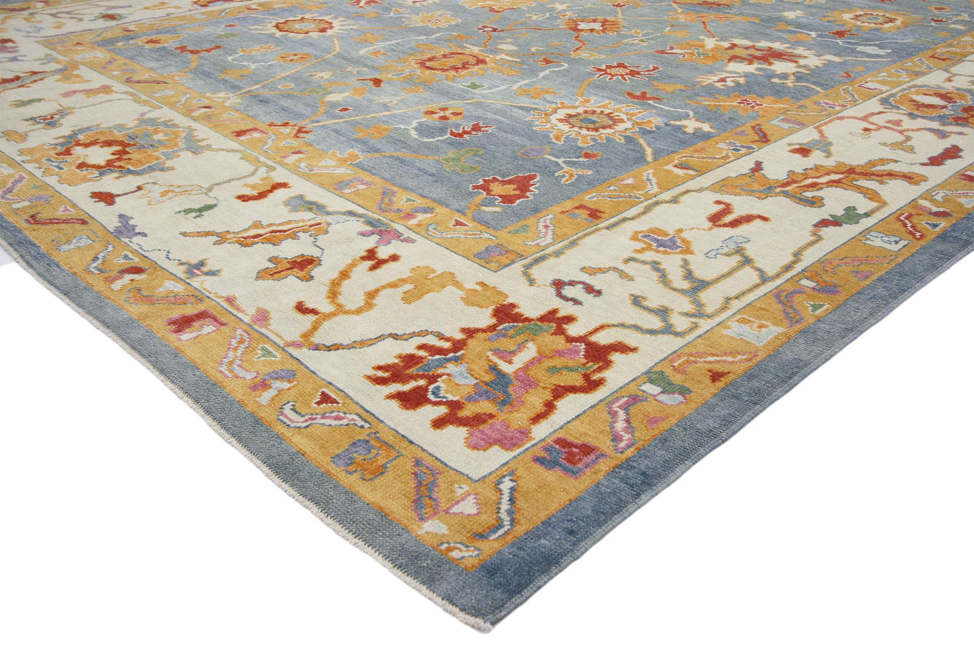 52368 New Colorful Blue Turkish Oushak Rug,11'02 x 14'10. Turkish Oushak rugs, originating from the Western region of Oushak in Turkey, are celebrated for their intricate designs, tranquil color palettes, and luxurious wool materials. With their