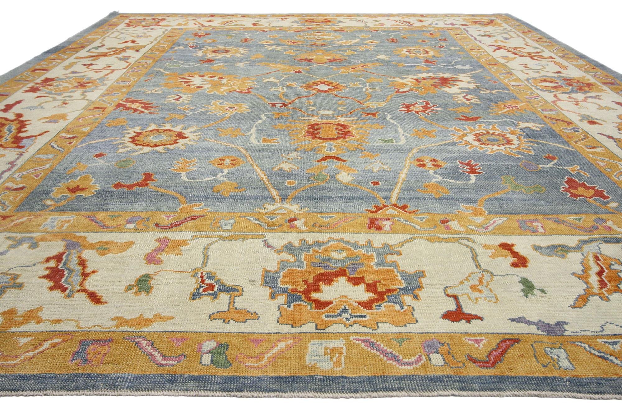 Hand-Knotted Contemporary Blue Turkish Oushak Rug For Sale