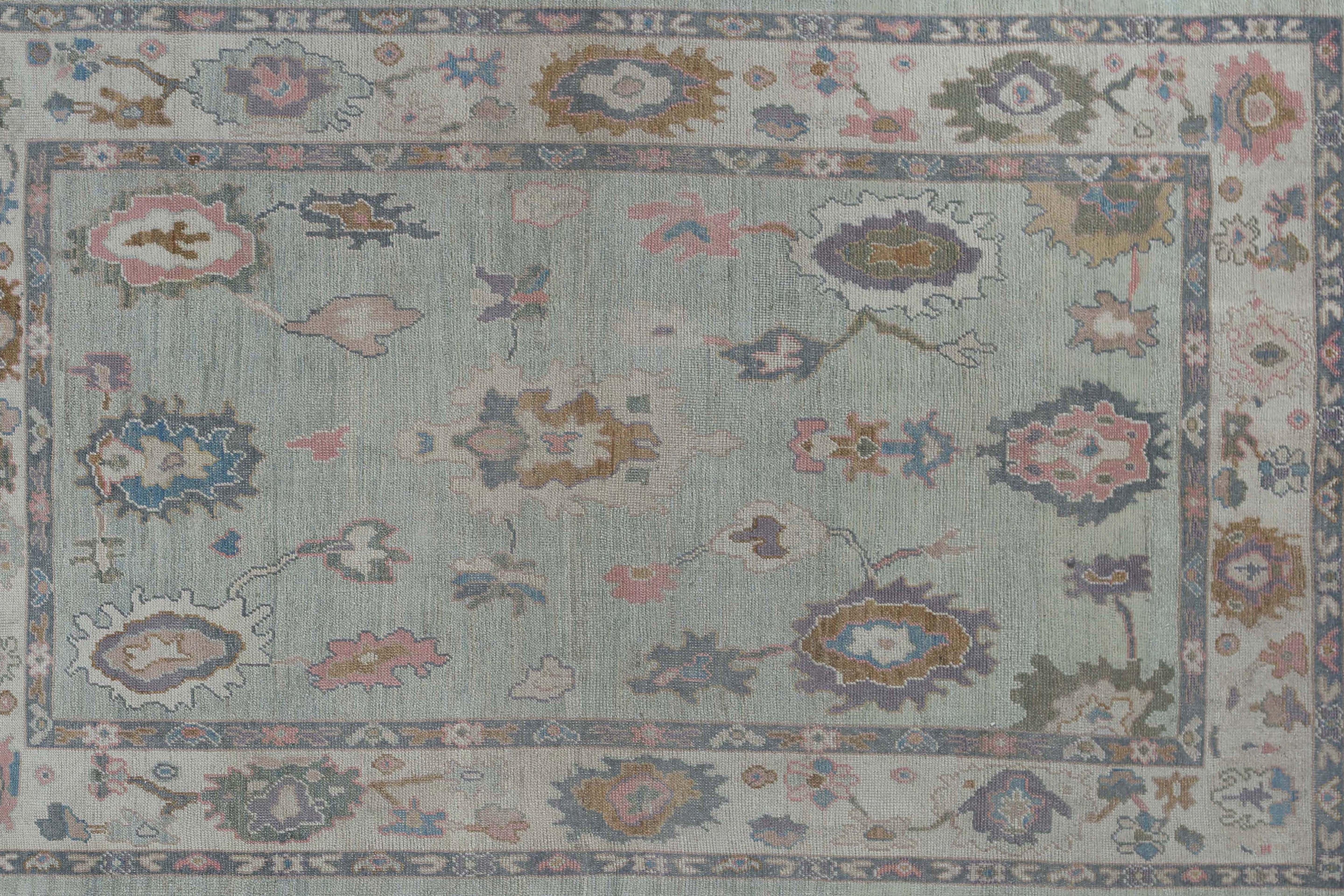 Wool New Blue Turkish Rug in Oushak Design For Sale