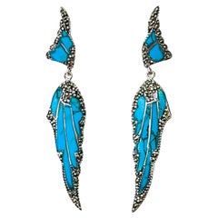 New Blue Turquoise Marcasite Sterling Silver Post Earrings