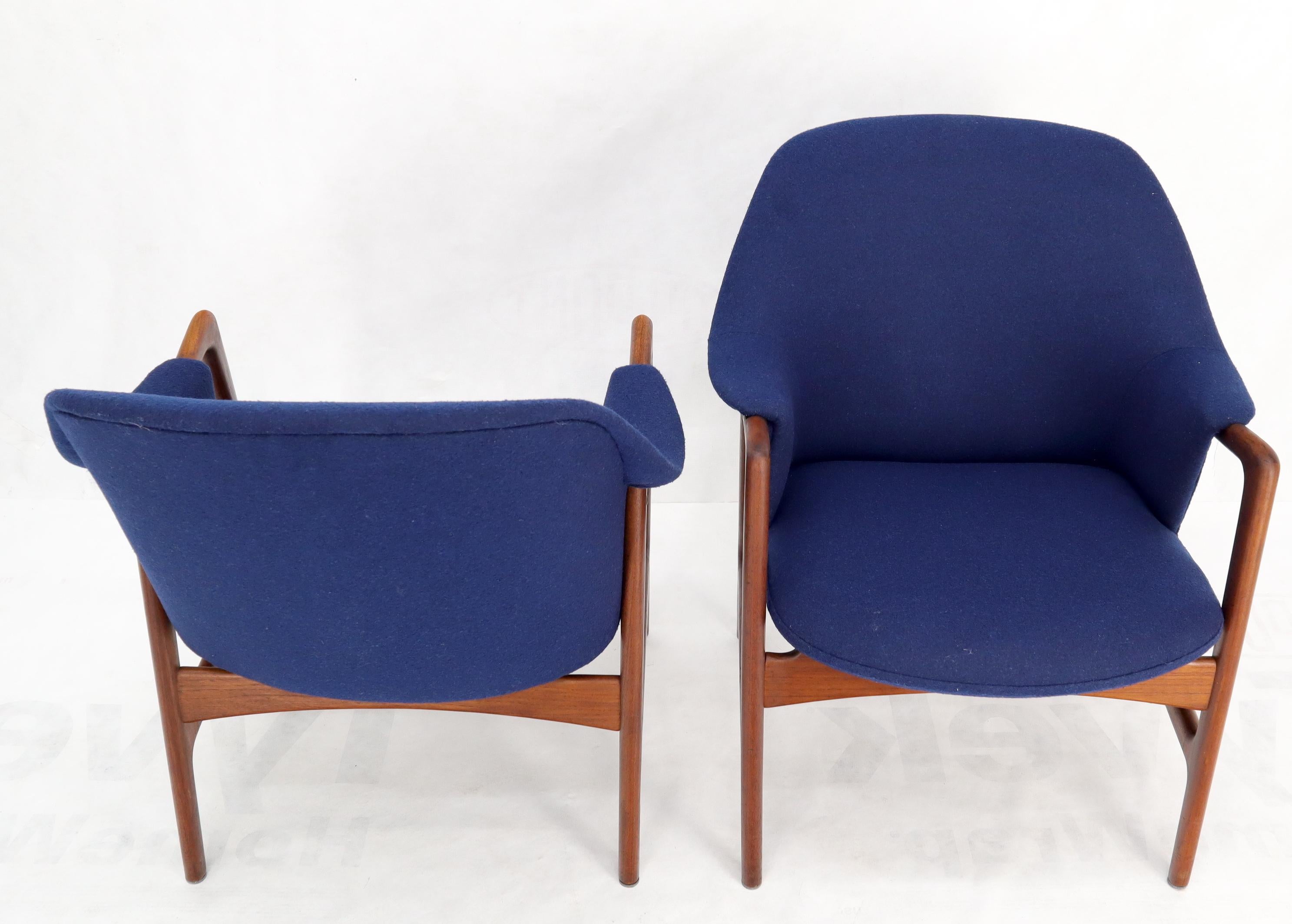 New Blue Wool Upholstery Teak Frames Danish Mid-Century Modern Lounge Chairs For Sale 8