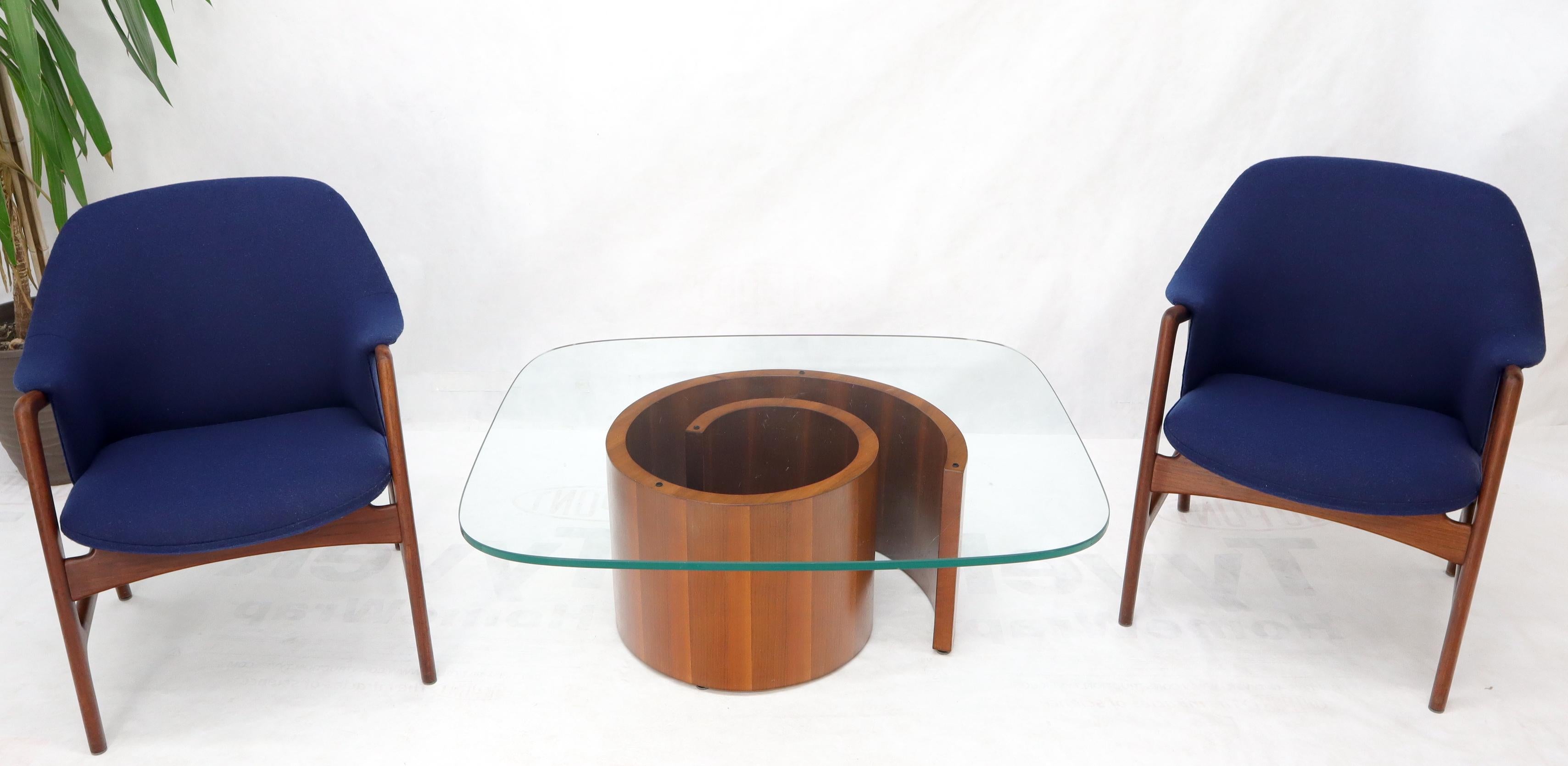 Danish Mid-Century Modern barrel backs new wool upholstery lounge chairs in style of Finn Juhl.