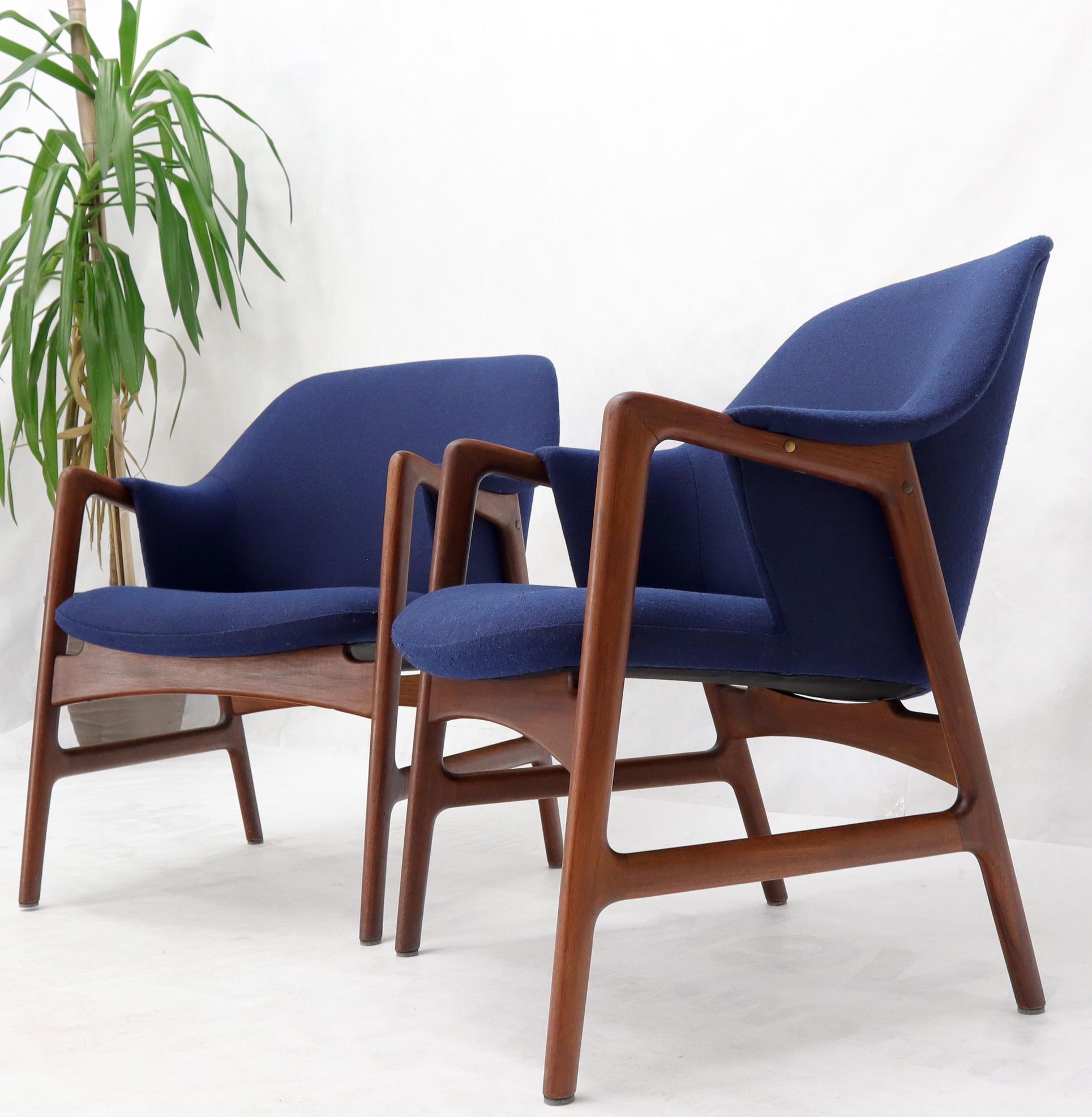 New Blue Wool Upholstery Teak Frames Danish Mid-Century Modern Lounge Chairs For Sale 1