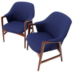 Vintage New Blue Wool Upholstery Teak Frames Danish Mid-Century Modern Lounge Chairs