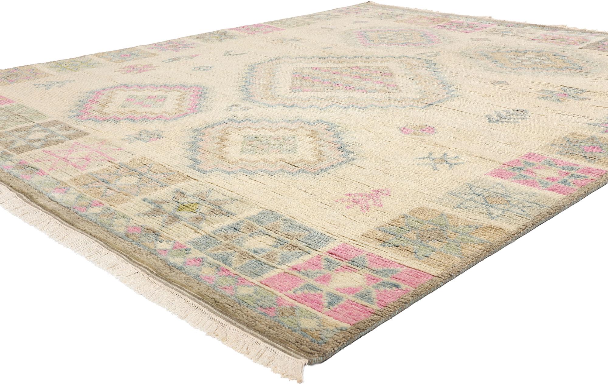 31208 New Blushing Oasis Modern Boho Moroccan Rug, 08'01 x 10'00. This hand knotted wool Blushing Oasis Modern Boho Moroccan rug is a captivating blend of soft, pastel hues and intricate tribal motifs. The intriguing composition exudes a serene,
