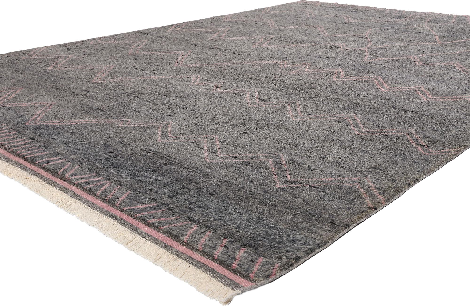 31272 New Blushing Midnight Modern Gray Moroccan Rug, 09'00 x 12'05. Introducing the Blushing Midnight Modern Gray Moroccan Rug, a stunning fusion of tradition and contemporary design. Crafted by hand, this hand knotted wool Moroccan area rug