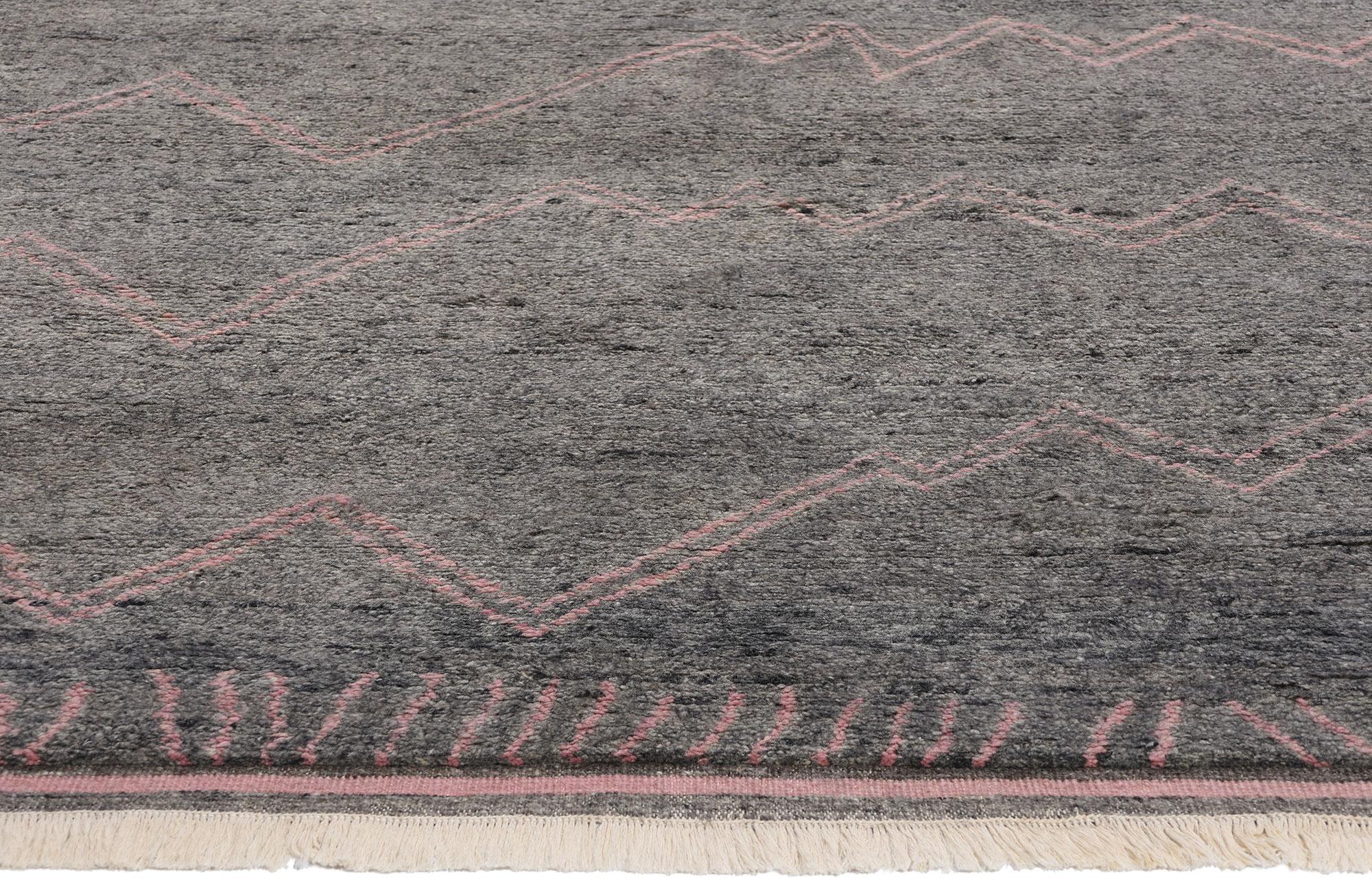 Hand-Knotted New Blushing Midnight Modern Gray Moroccan Rug with Transitional Style For Sale