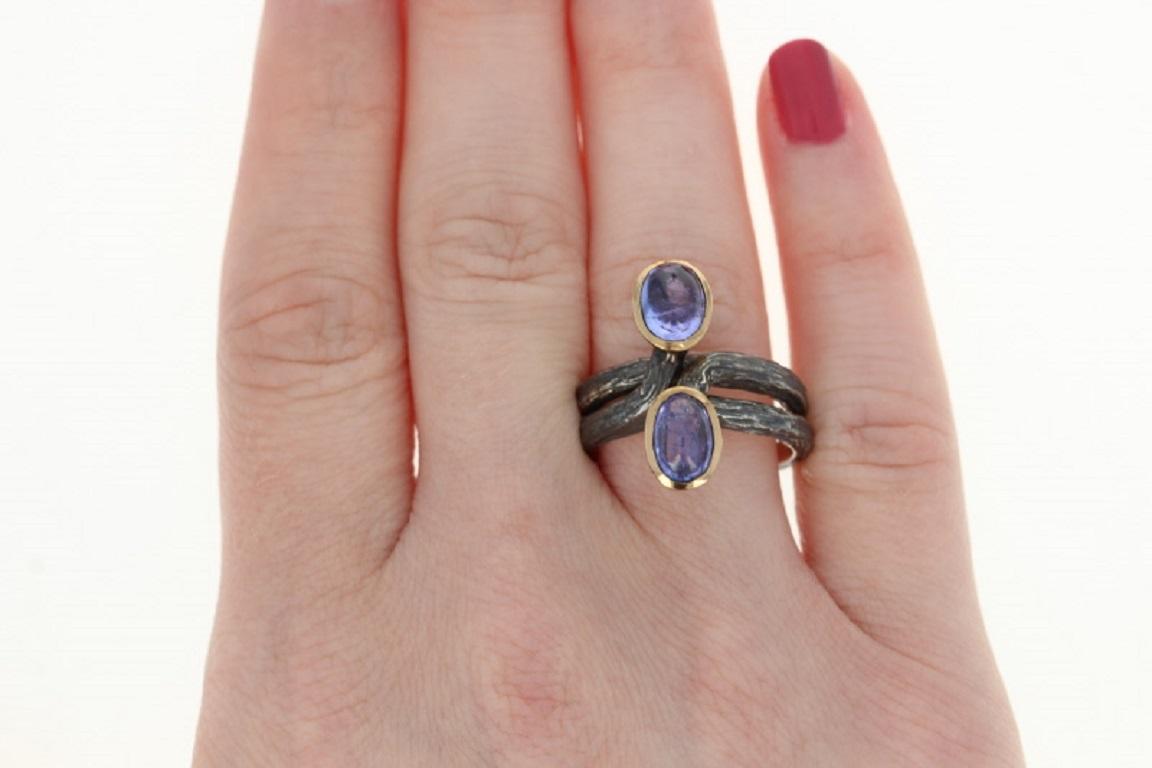 New Bora Oval Cut Tanzanite Set of 2 Rings, Silver & Bronze Stackable 4
