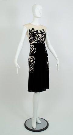 New Bottega Veneta Black Silk Velvet Branch Coral Illusion Runway Dress – It. 38