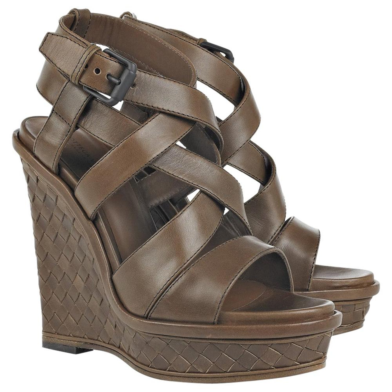 NEW Bottega Veneta Brown Leather Intrecciato Wedge Heel Sandals 39 For Sale  at 1stDibs