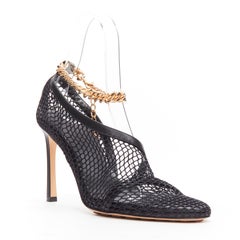 new BOTTEGA VENETA gold ankle chain black mesh leather dorsay sandals EU39