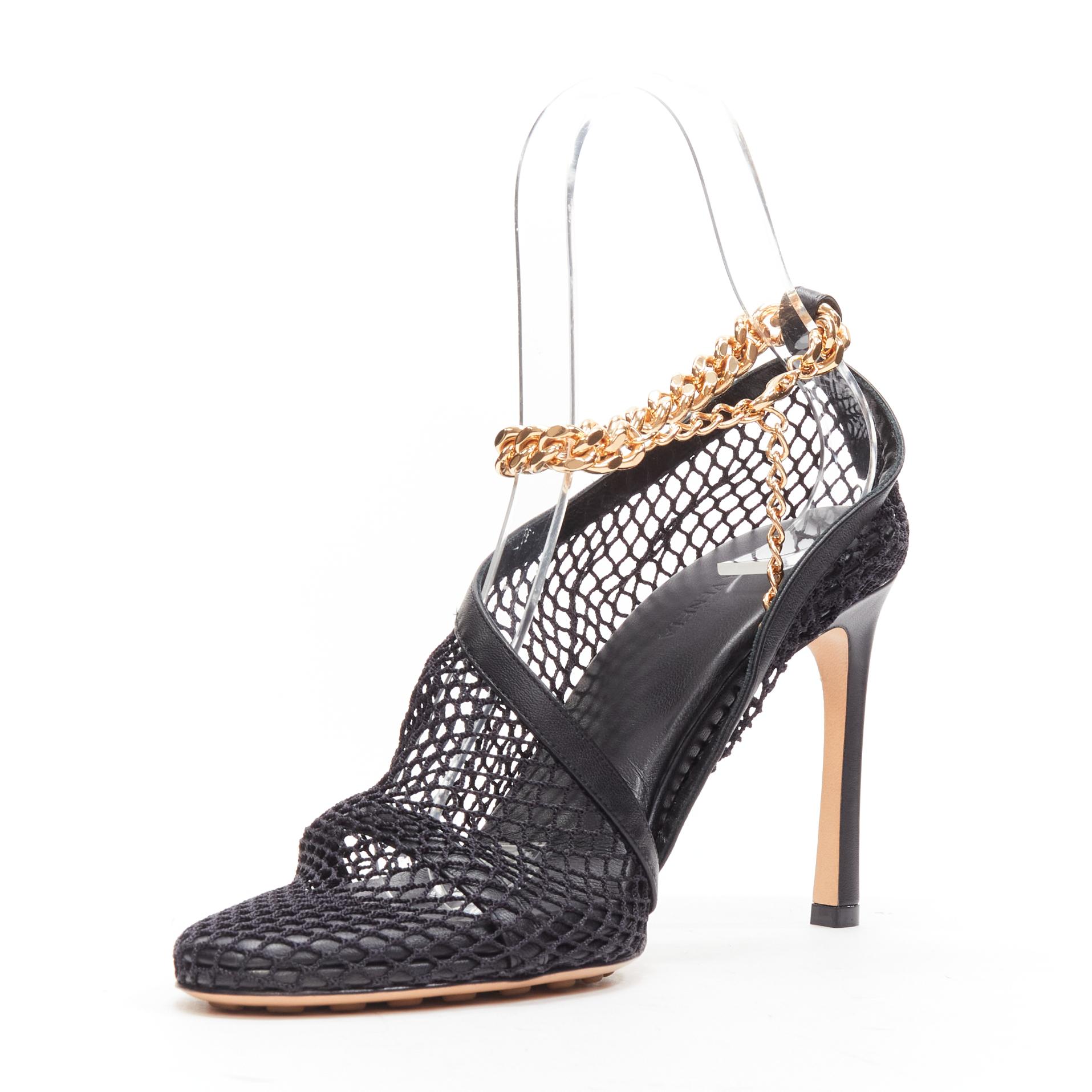 new BOTTEGA VENETA gold ankle chain black mesh leather dorsay sandals EU39 In New Condition For Sale In Hong Kong, NT
