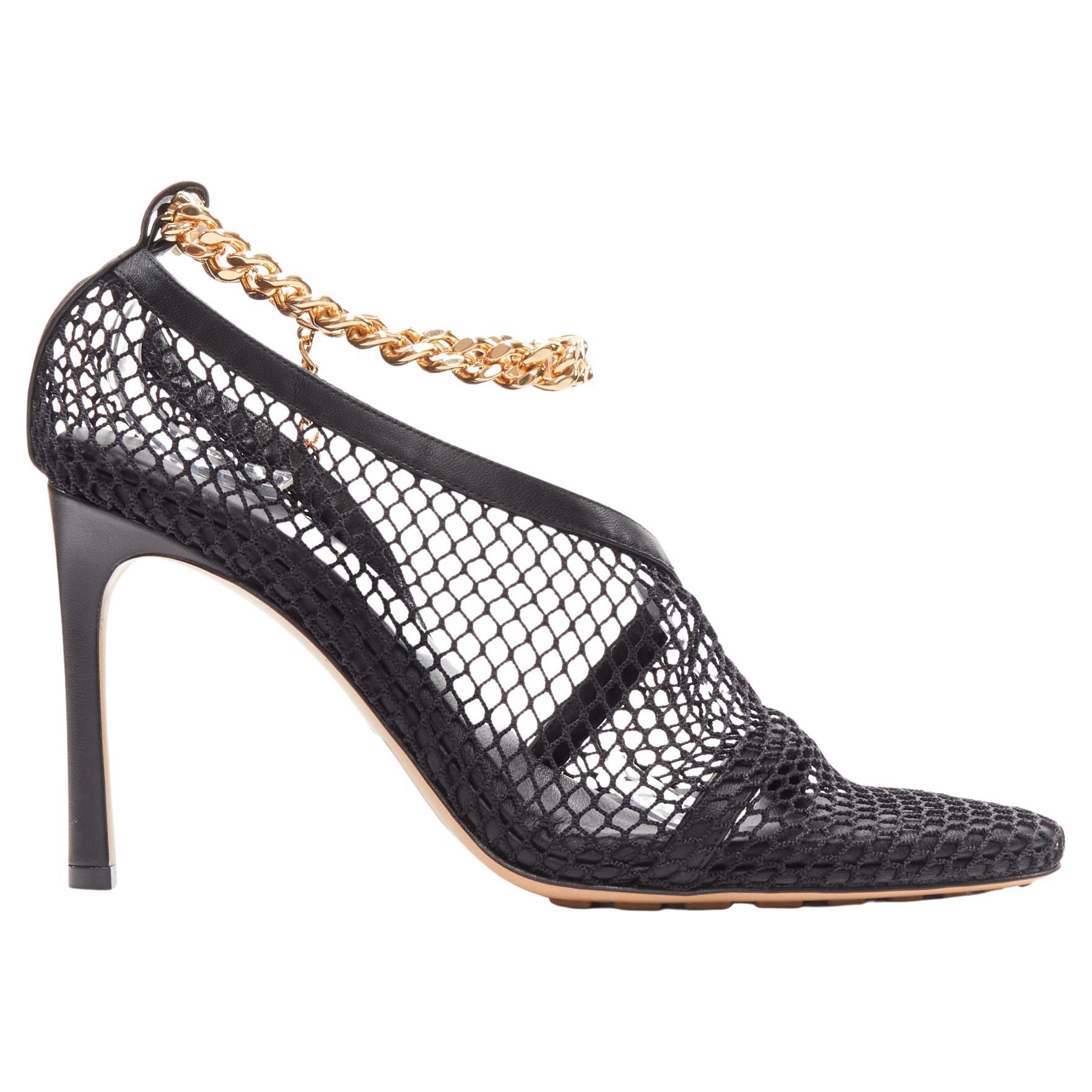new BOTTEGA VENETA gold ankle chain black mesh leather dorsay sandals EU39 For Sale