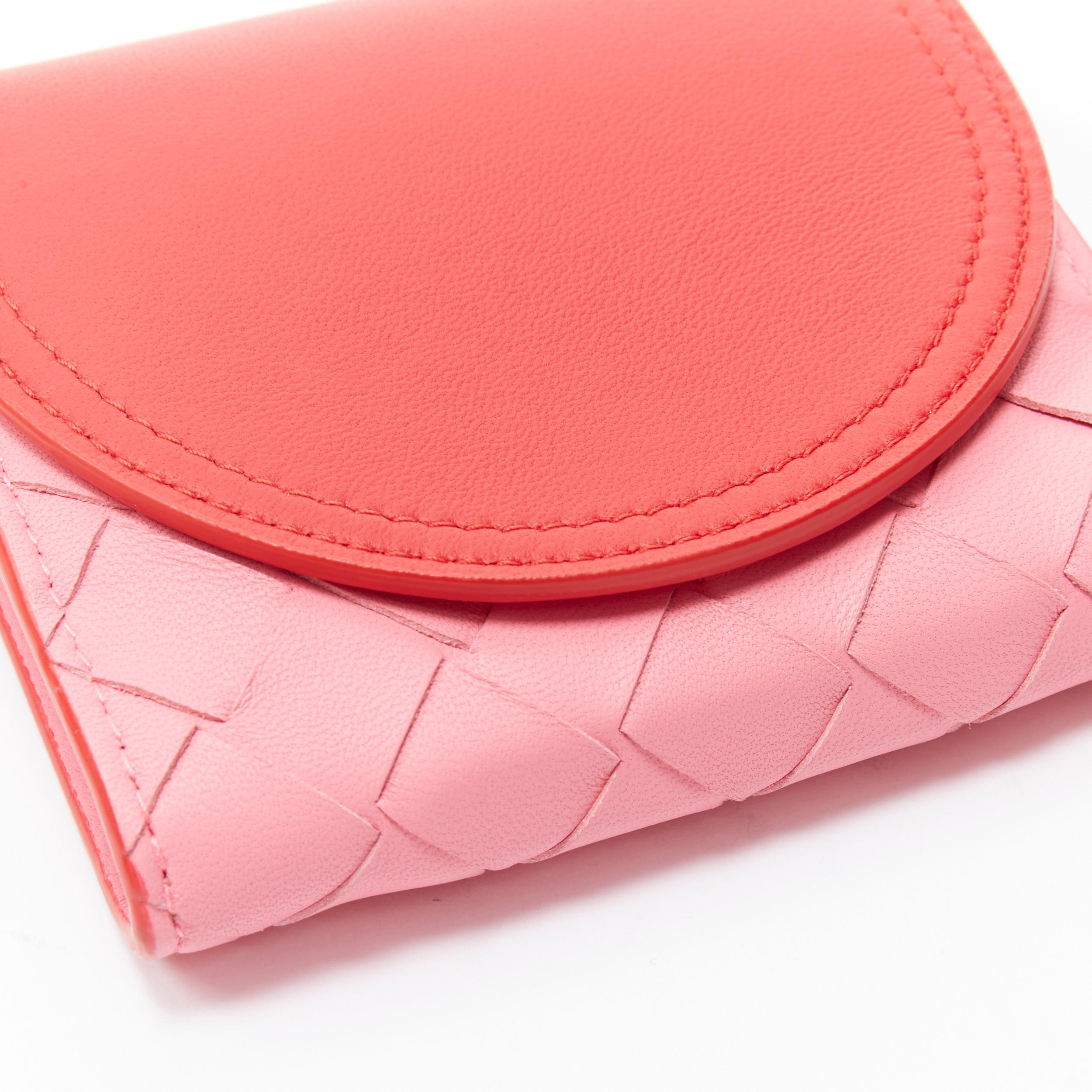 Red new BOTTEGA VENETA red pink intrecciato woven trifold two tone flap zip wallet